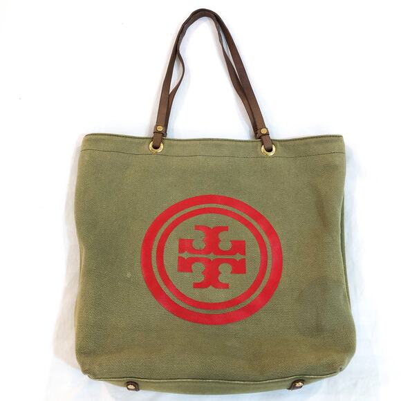 Tory Burch Green Canvas Logo Tote Bag - Picture 2 of 10
